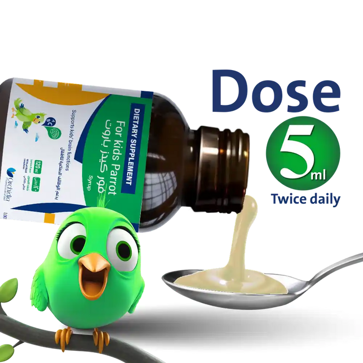 Bottle of For Kids Parrot syrup with spoon dose displayed, highlighting omega-3 EPA, L-5-MTHF, and vitamin blend for children’s brain functions and speech clarity