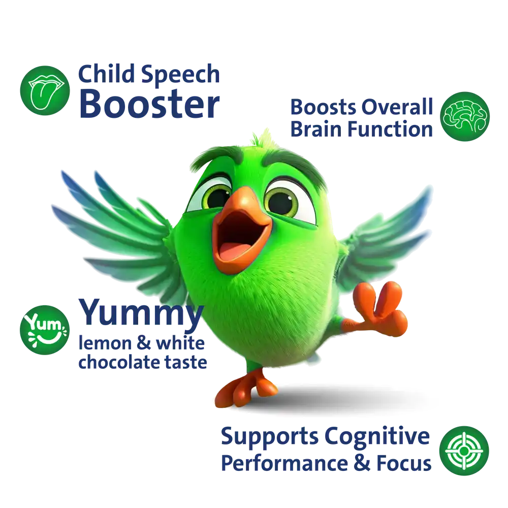 ForKids Parrot dietary supplement syrup bottle shown among vitamins, omega-3 and methyl folate elements illustrated to support brain functions and clarity