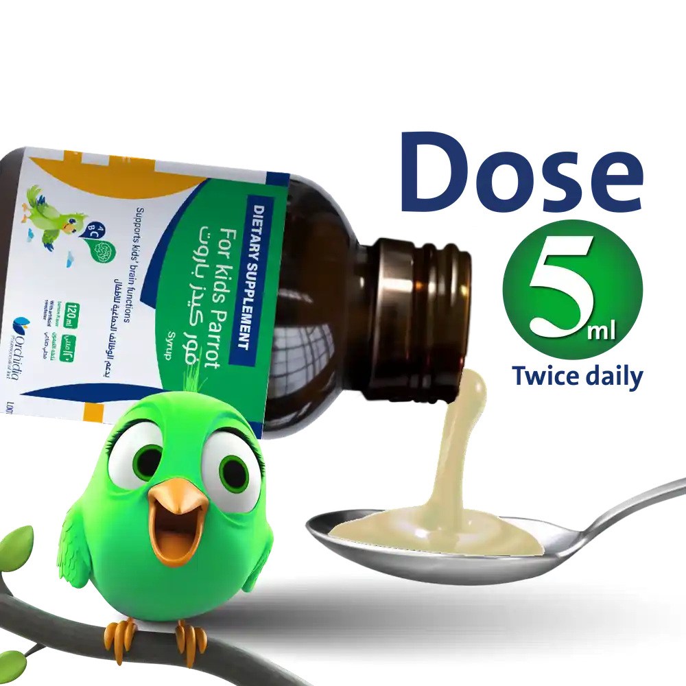 Bottle of For Kids Parrot syrup with spoon dose displayed, highlighting omega-3 EPA, L-5-MTHF, and vitamin blend for children’s brain functions and speech clarity