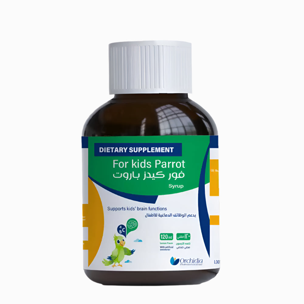 For Kids Parrot dietary supplement syrup 120ml from Orchidia Pharma supports kids' brain functions, focus, and speech development with omega-3 and vitamins.